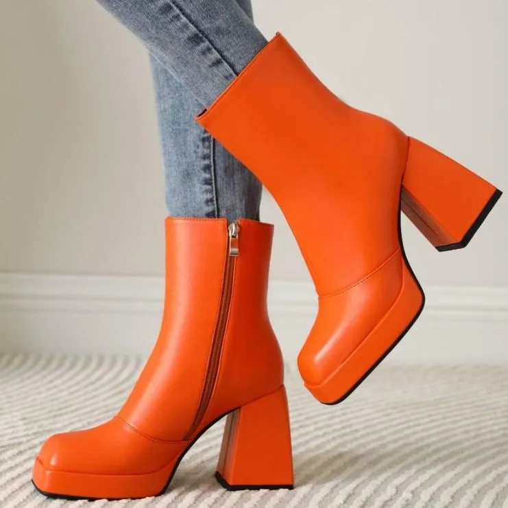 Women short solid color chunky high heel platform boots