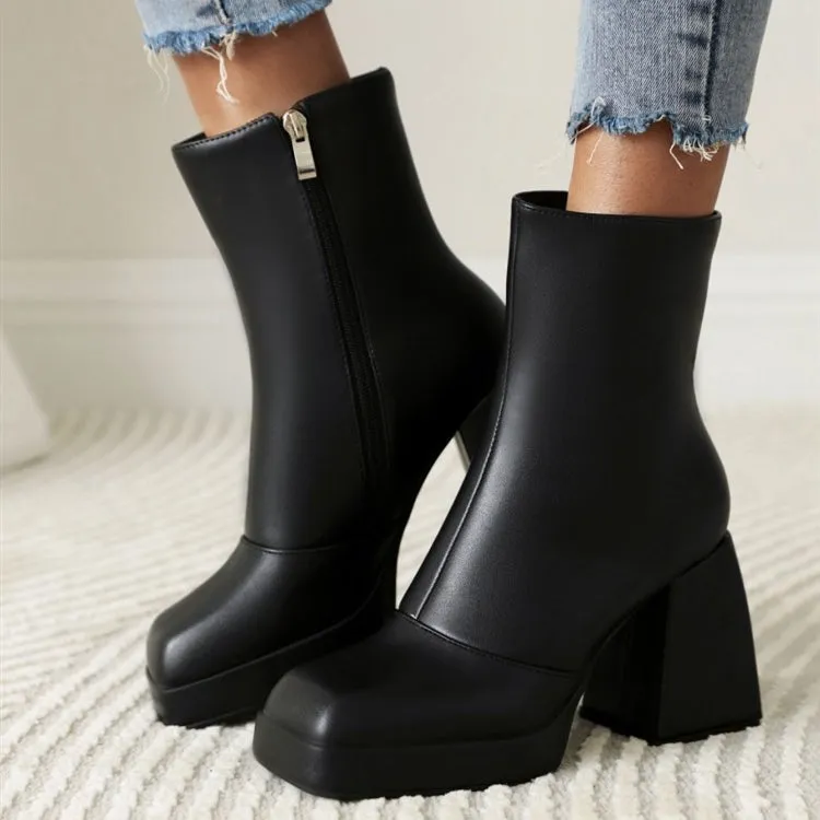 Women short solid color chunky high heel platform boots