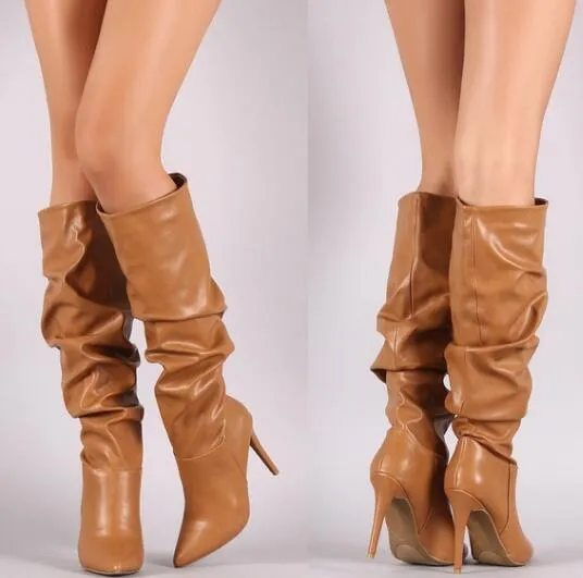 Women slouch boots | Pointed toe stiletto high heel boots | Solid color knee high boots