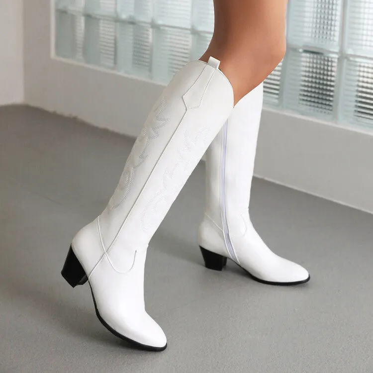 Women's Embroidery Side Zippers Puppy Heel Cowboy Knee High Boots