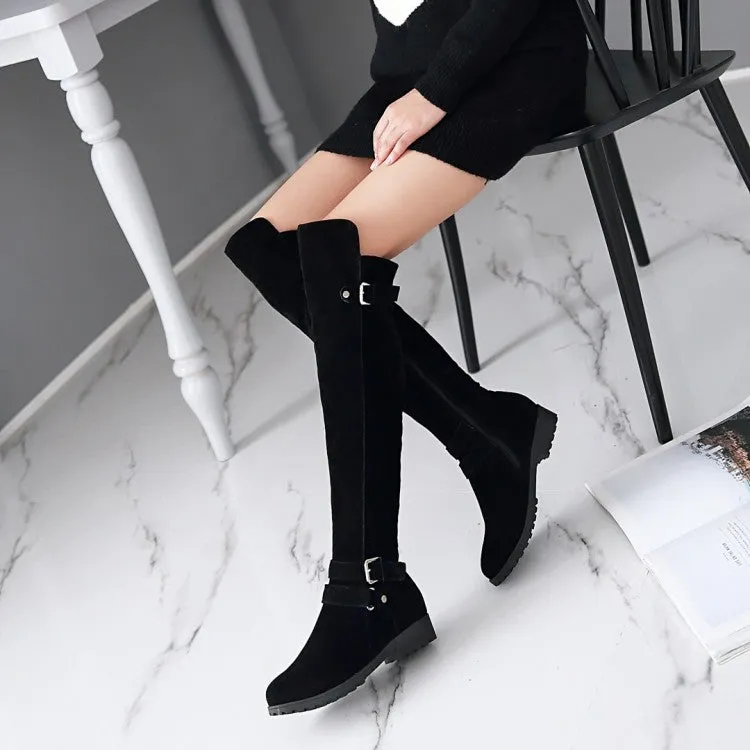 Women's Frosted Belts Buckles Round Toe Side Zippers Knee High Boots