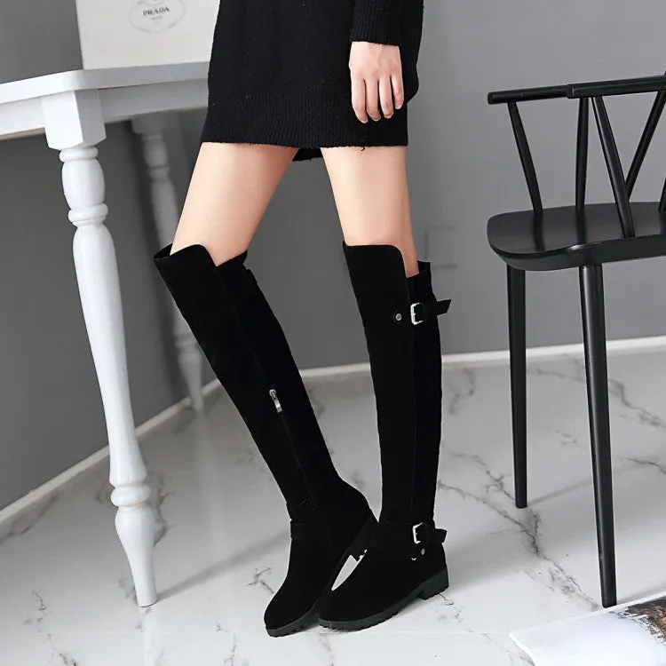 Women's Frosted Belts Buckles Round Toe Side Zippers Knee High Boots