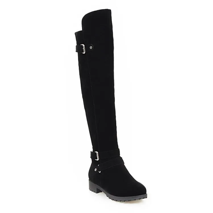 Women's Frosted Belts Buckles Round Toe Side Zippers Knee High Boots