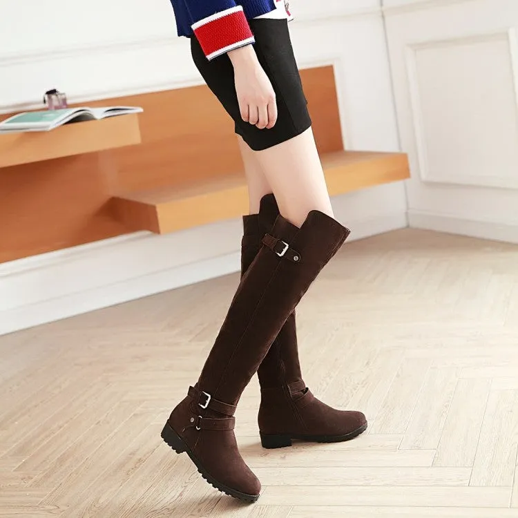 Women's Frosted Belts Buckles Round Toe Side Zippers Knee High Boots