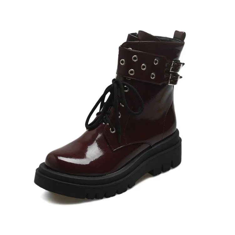 Women's Glossy Lace Up Buckles Belts Flat Platform Short Boots