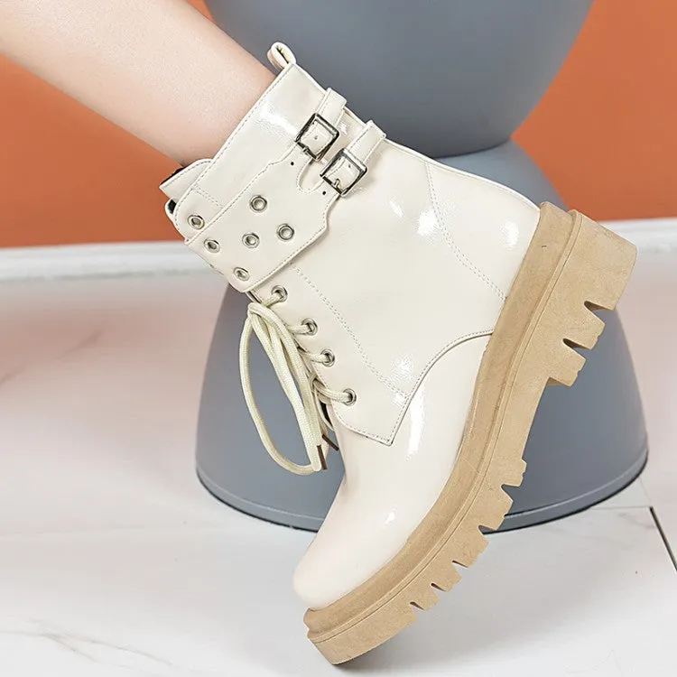 Women's Glossy Lace Up Buckles Belts Flat Platform Short Boots