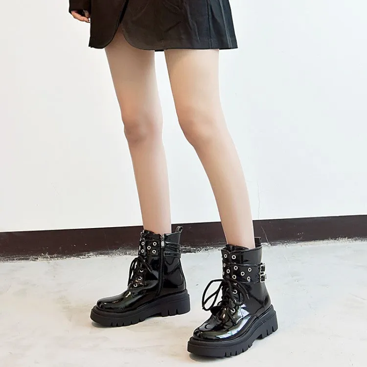 Women's Glossy Lace Up Buckles Belts Flat Platform Short Boots