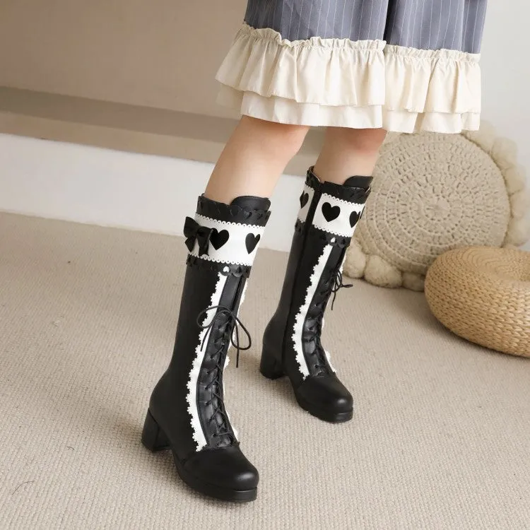 Womens' Lace Up Bowtie Low Heels Knee High Boots