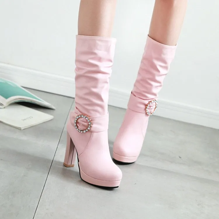 Women's Round Toe Rhinestone Belts Buckles Chunky Heel Platform Mid Calf Boots