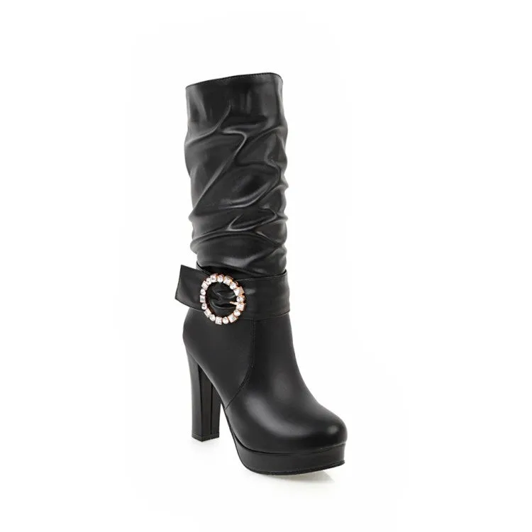 Women's Round Toe Rhinestone Belts Buckles Chunky Heel Platform Mid Calf Boots