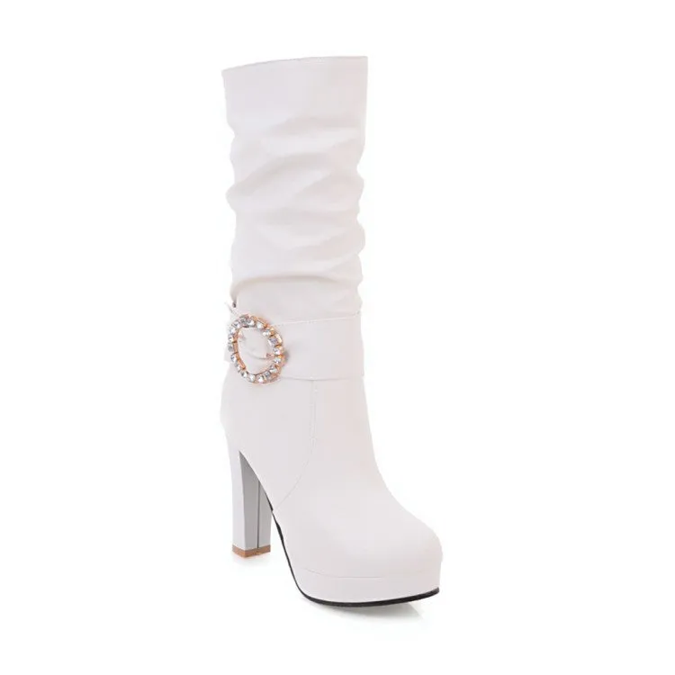 Women's Round Toe Rhinestone Belts Buckles Chunky Heel Platform Mid Calf Boots