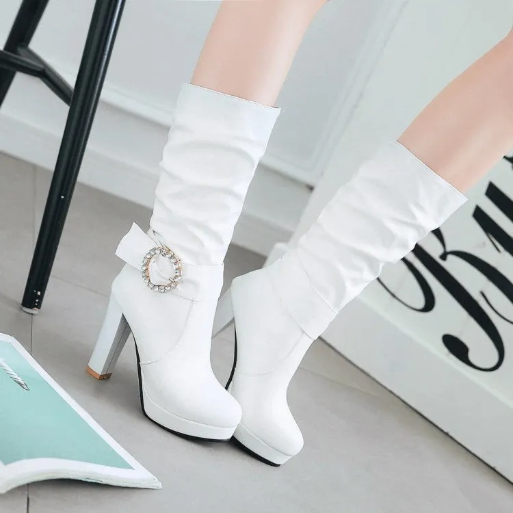 Women's Round Toe Rhinestone Belts Buckles Chunky Heel Platform Mid Calf Boots