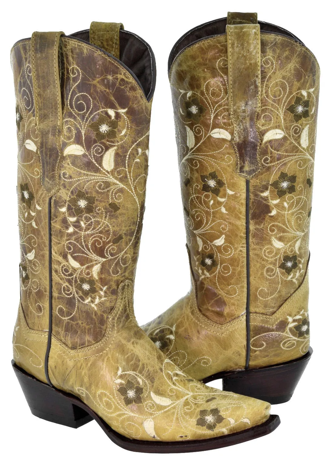 Womens Sofia Sand Leather Cowboy Boots Floral - Snip Toe