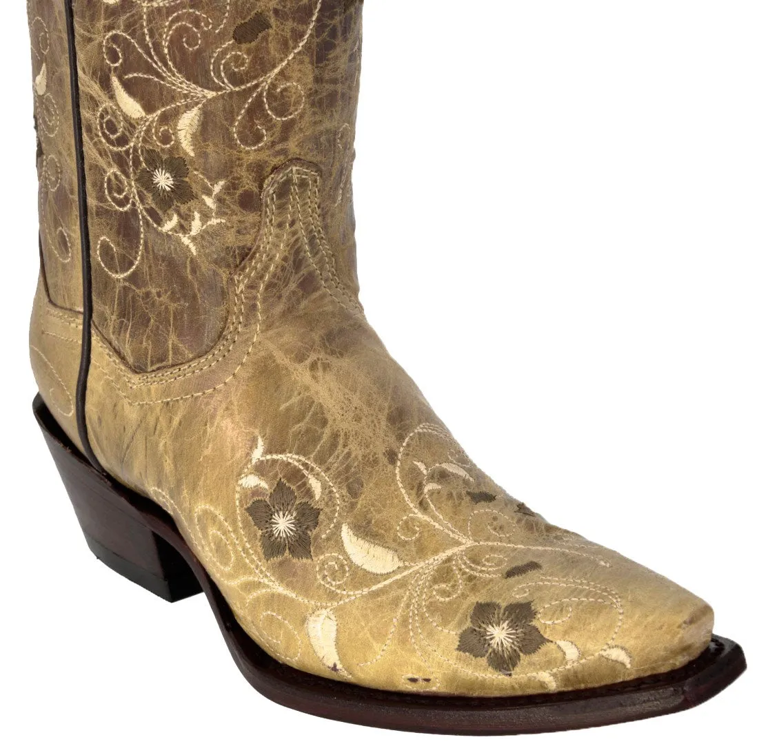 Womens Sofia Sand Leather Cowboy Boots Floral - Snip Toe